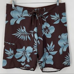 Honolua Boardshorts Brown with Blue Aloha Floral Print Zipper Tie Fly Men’s 40
